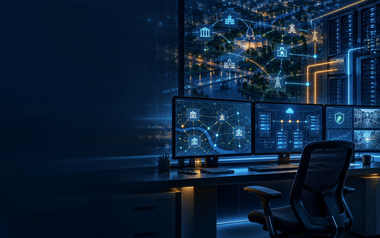 Digital illustration of secure municipal technology infrastructure and network operations